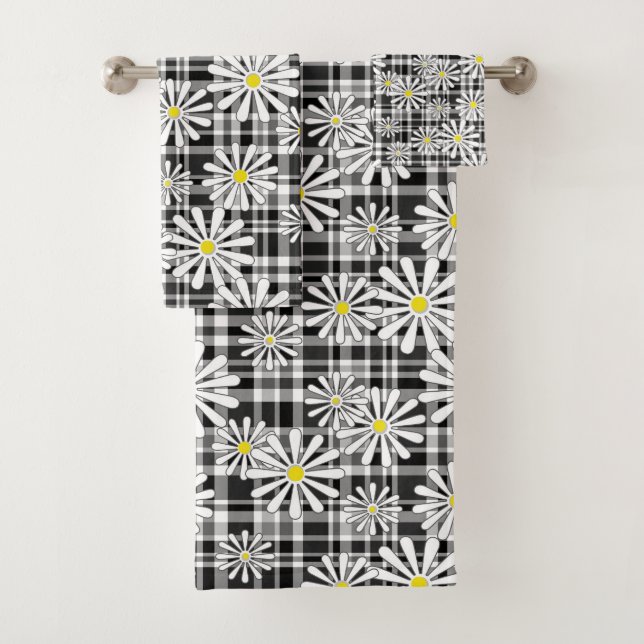 White chamomile flowers on black white chequered b bath towel set (Insitu)