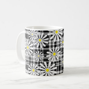 White chamomile flowers on black white chequered b coffee mug