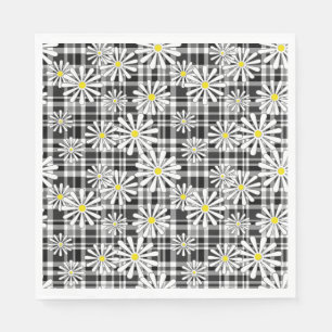 White chamomile flowers on black white chequered b napkin