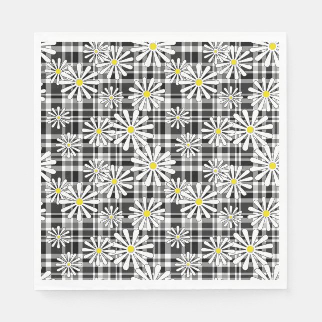 White chamomile flowers on black white chequered b napkin (Front)