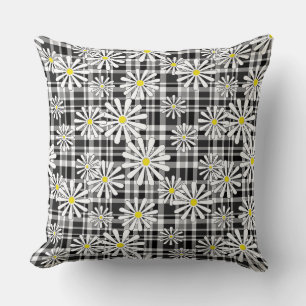 White chamomile flowers on black white chequered b throw pillow