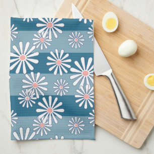 White chamomile flowers on striped blue background kitchen towel