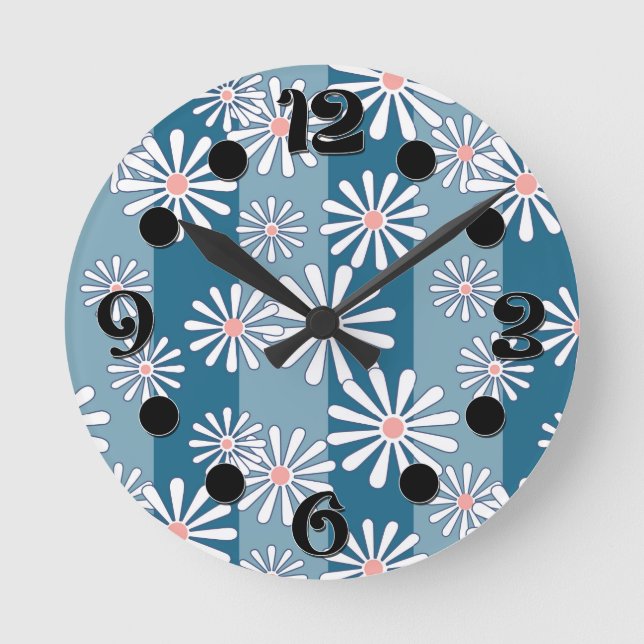 White chamomile flowers on striped blue background round clock (Front)