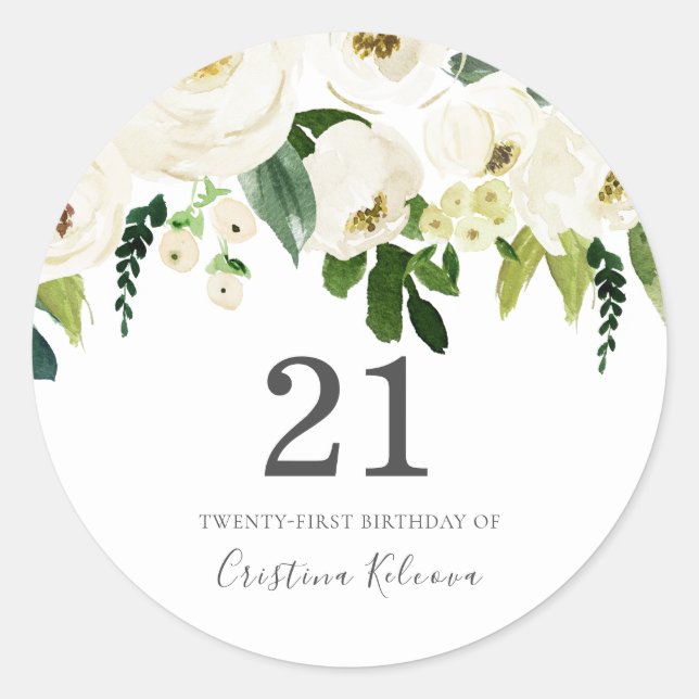 White Champagne Flowers 21st Birthday Party Classic Round Sticker (Front)