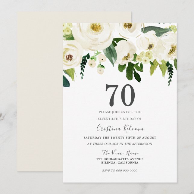 White Champagne Flowers 70th Birthday Party Invitation (Front/Back)