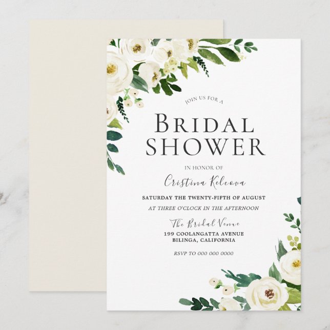 White Champagne Flowers Elegant Bridal Shower Invitation (Front/Back)