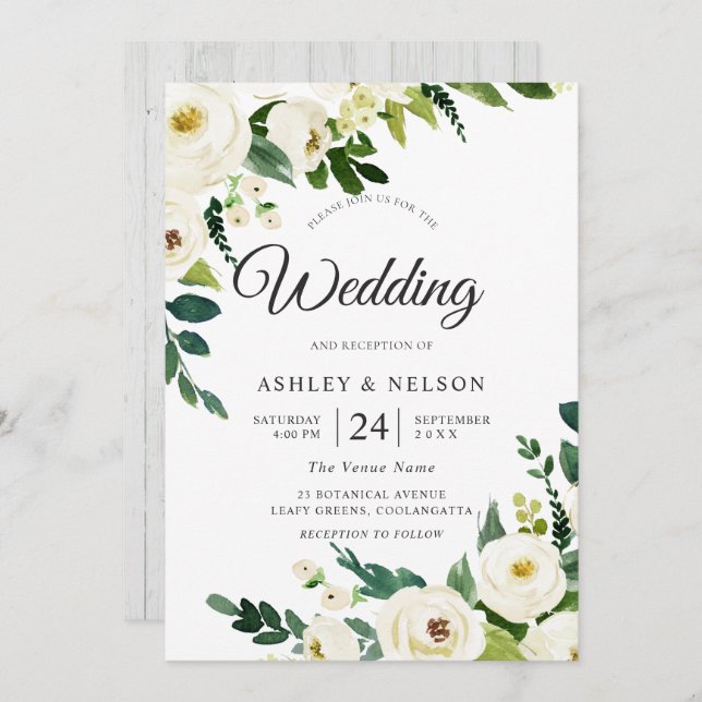 White Champagne Flowers Elegant Rustic Wedding Invitation (Front/Back)