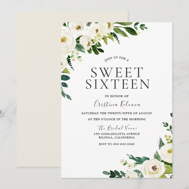 White Champagne Flowers Elegant Sweet 16 Invitation (Front/Back)