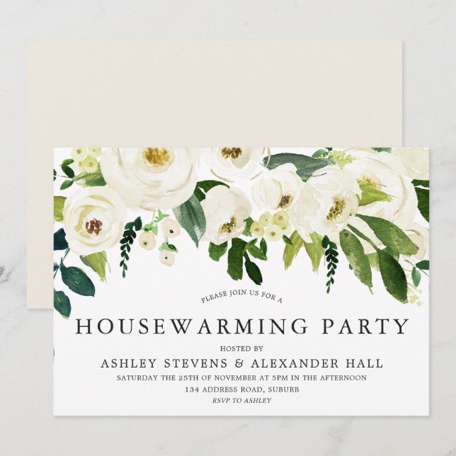 White Champagne Flowers Housewarming party Invitation (Front/Back)