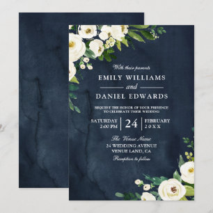 White Champagne Flowers & Navy Wedding Invitation