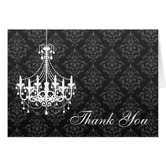 White Chandelier Black Damask Thank You Note Card