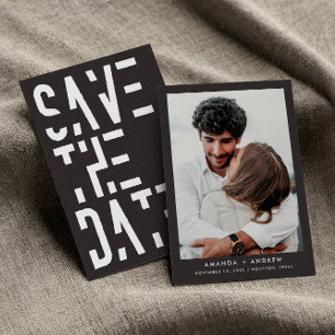 White Charcoal Grey 70s Retro Stripes Wedding Save The Date