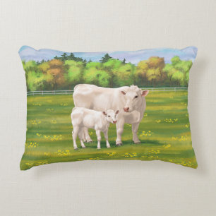 White Charolais Cow & Cute Calf Beef Cattle Accent Pillow