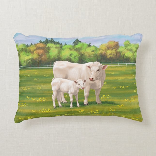 White Charolais Cow & Cute Calf Beef Cattle Accent Pillow (Front)