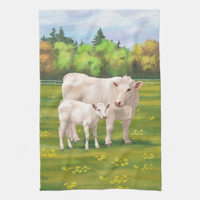 White Charolais Cow & Cute Calf Beef Cattle Kitchen Towel (Vertical)