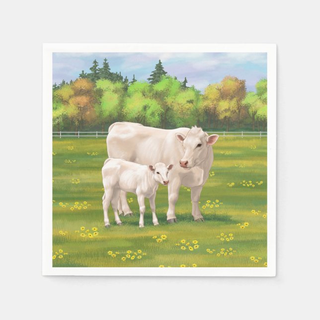 White Charolais Cow & Cute Calf Beef Cattle Napkin (Front)