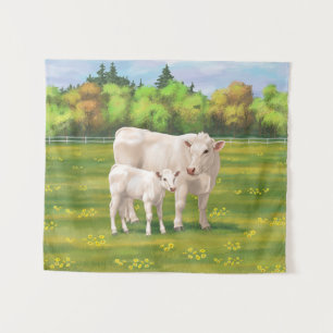 White Charolais Cow & Cute Calf Beef Cattle Tapestry