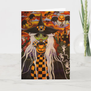 White Checkerboard Witch Cat Pumpkins & Ghosts Card
