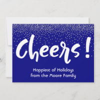 White Cheers Typography w/ Navy & Silver Confetti