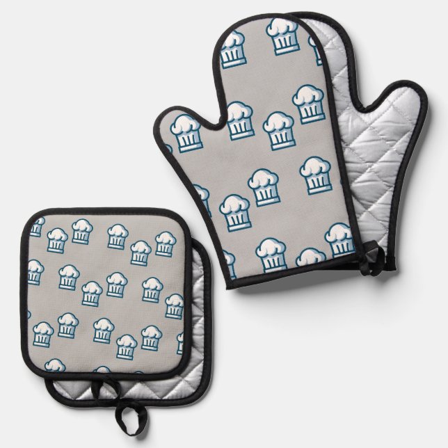 White chef hats on grey oven mitt & pot holder set (Front/Back)