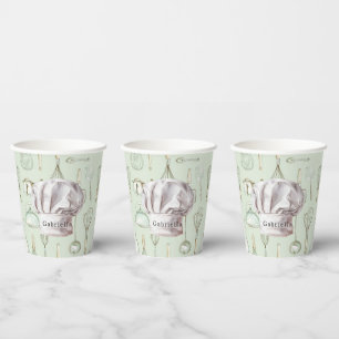 White Chef's Hat Green Kitchen Utensils Paper Cups