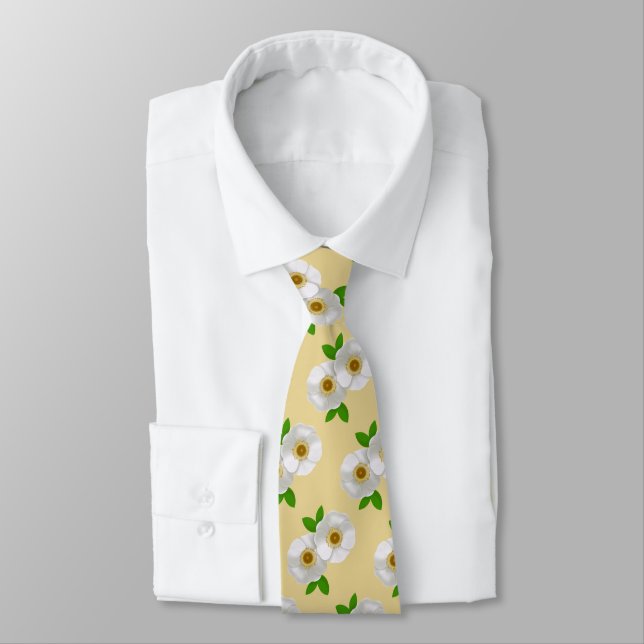 White Cherokee Rose Pattern on Soft Yellow Tie (Tied)