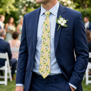 White Cherokee Rose Pattern on Soft Yellow Tie