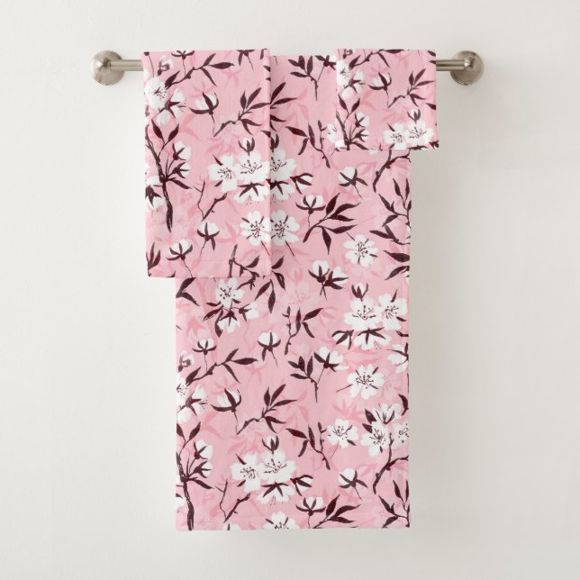 White cherry blossom bath towel set (Insitu)