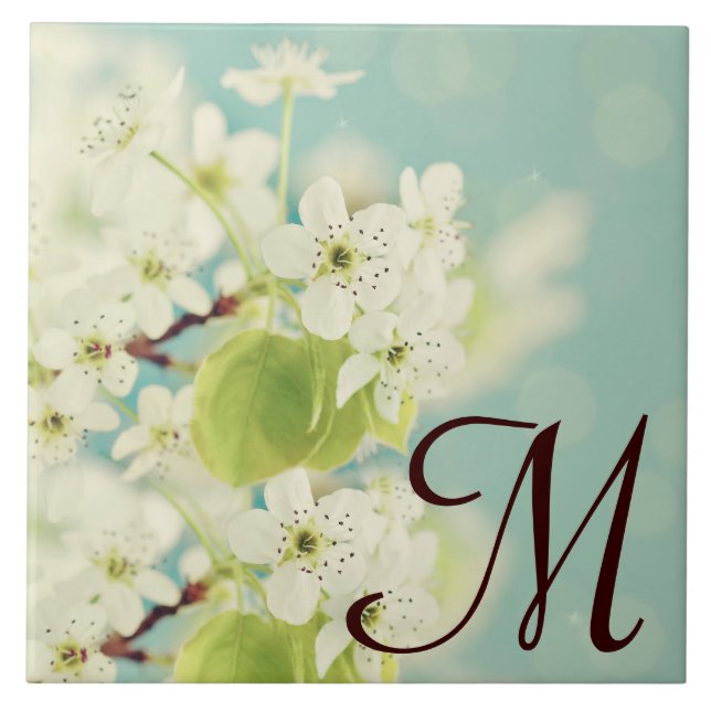 White Cherry Blossom Flower Monogram Display Tile (Front)