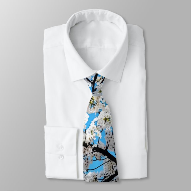 White Cherry Blossom Flowers Neck Tie (Tied)
