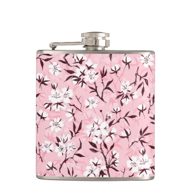 White cherry blossom hip flask (Front)