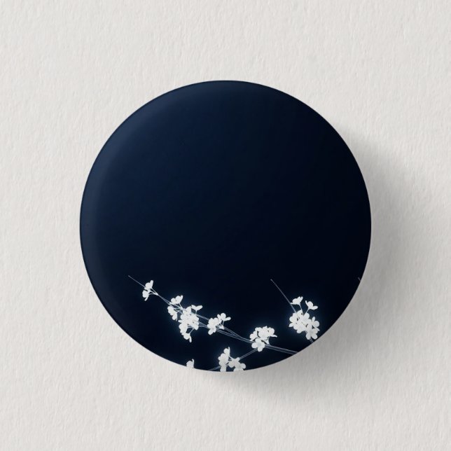 White Cherry Blossom Navy Background 1 Inch Round Button (Front)