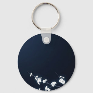 White Cherry Blossom Navy Background Keychain