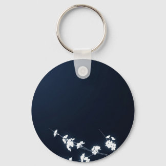 White Cherry Blossom Navy Background Keychain