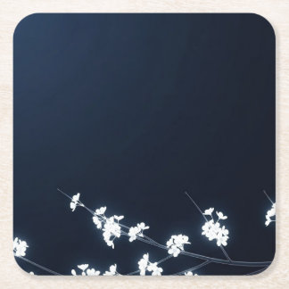White Cherry Blossom Navy Background Square Paper Coaster