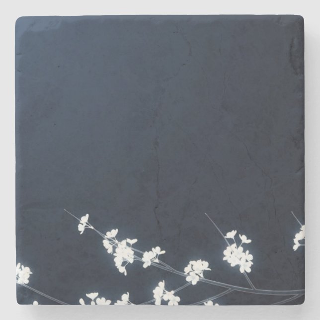 White Cherry Blossom Navy Background Stone Coaster (Front)