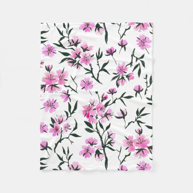 White cherry blossom on white fleece blanket (Front)