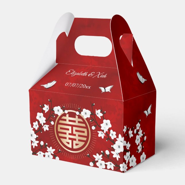 White Cherry Blossom Red  | Chinese Wedding Favor Box (Front Side)
