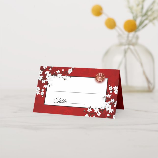  White Cherry Blossom Red | Chinese Wedding Place Card (Front)
