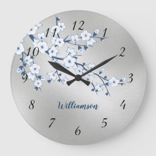 White Cherry Blossom Silver Foil Monogram Large Clock