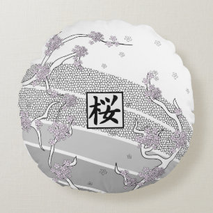 White Cherry Blossom Tree Round Pillow