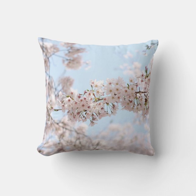 White cherry blossom under clear blue sky in the m throw pillow (Front)