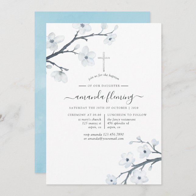 White Cherry Blossoms Baptism or Christening Invitation (Front/Back)
