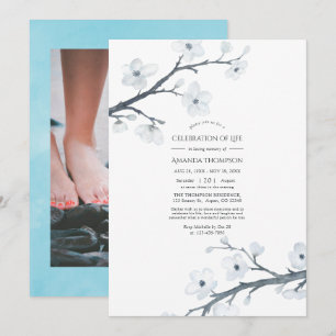 White Cherry Blossoms Celebration of Life Photo Invitation