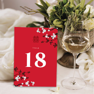 White Cherry Blossoms Double Xi Chinese Wedding Table Number