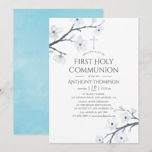 White Cherry Blossoms First Holy Communion Invitation