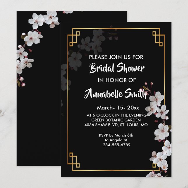 white Cherry Blossoms &golden Frame Bridal Shower Invitation (Front/Back)