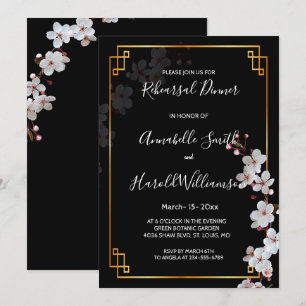 white Cherry Blossoms &golden Frame Rehearsal Dinn Invitation