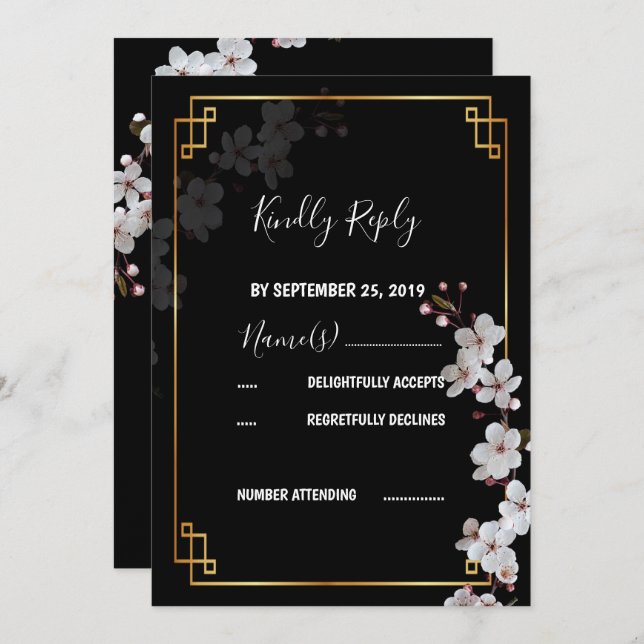 white Cherry Blossoms &golden Frame RSVP Invitation (Front/Back)