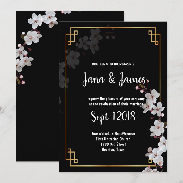white Cherry Blossoms &golden Frame wedding Invitation (Front/Back)